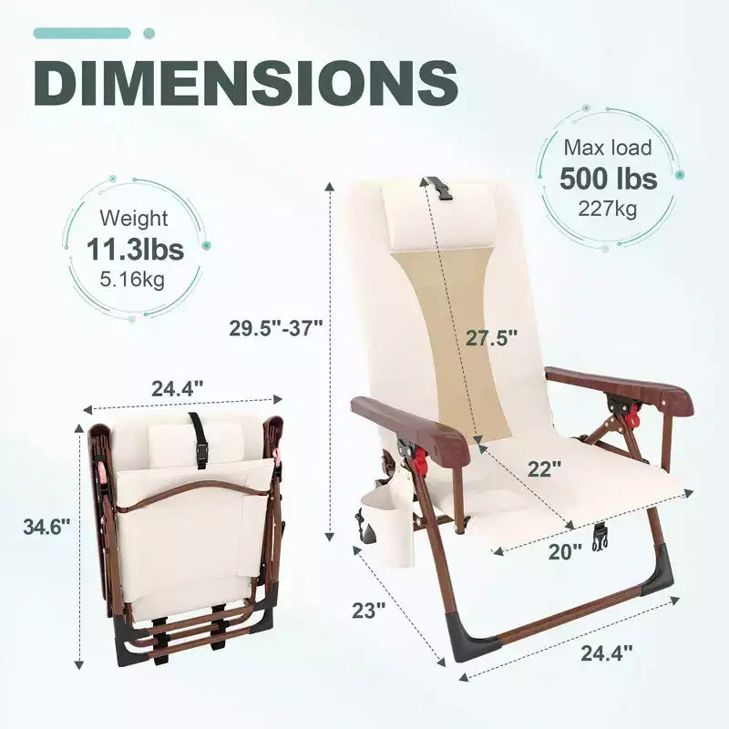Chaise de plage sac à dos portable – Chaise longue pliante avec porte-gobelet et pochettes de rangement, capacité de 150 kg