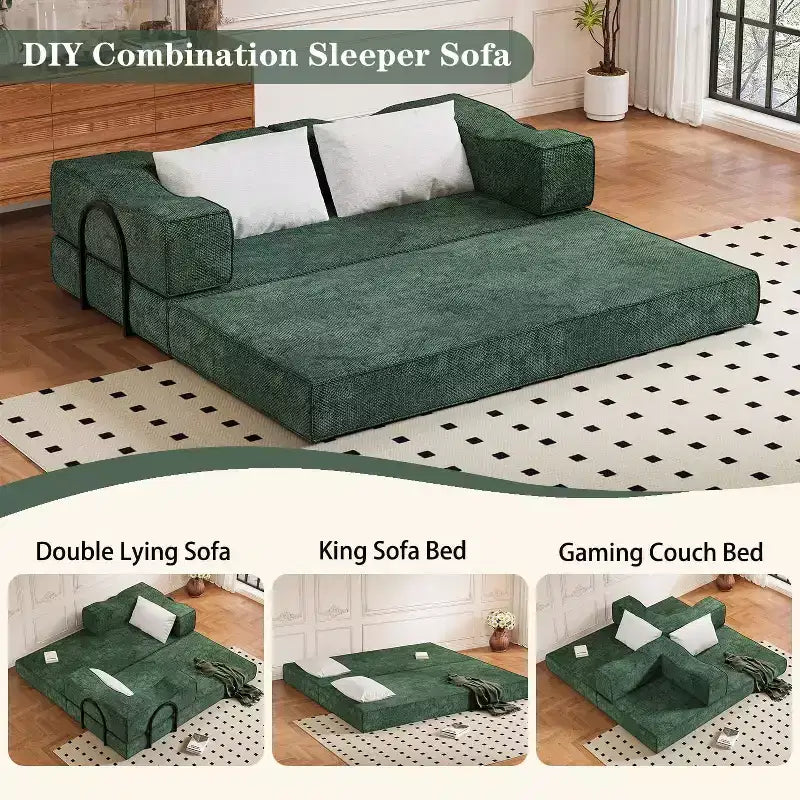 Canapé-lit convertible 80" – Canapé 3 places en chenille, lit King Size, 2 oreillers, vert