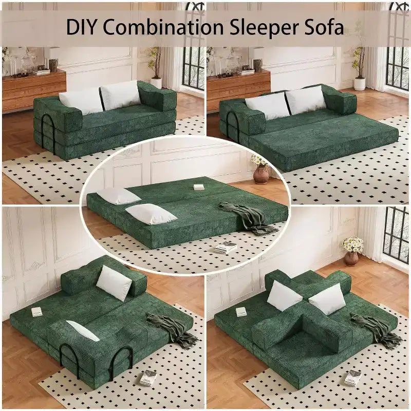 Canapé-lit convertible 80" – Canapé 3 places en chenille, lit King Size, 2 oreillers, vert