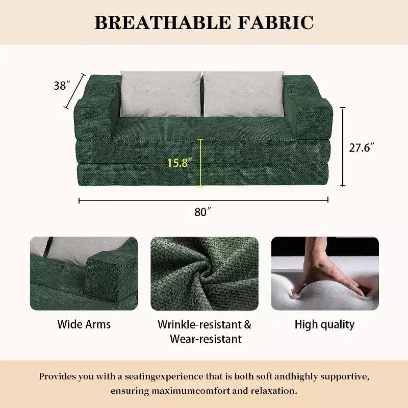Canapé-lit convertible 80" – Canapé 3 places en chenille, lit King Size, 2 oreillers, vert