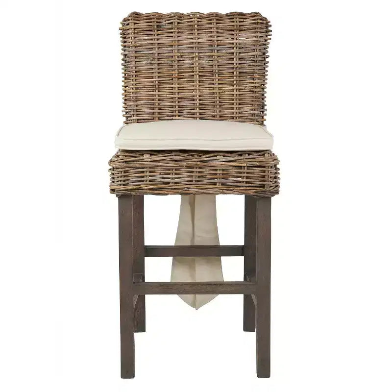 Tabouret de bar 61 cm en rotin – Marron, tressé à la main, pieds en teck, aucun assemblage requis