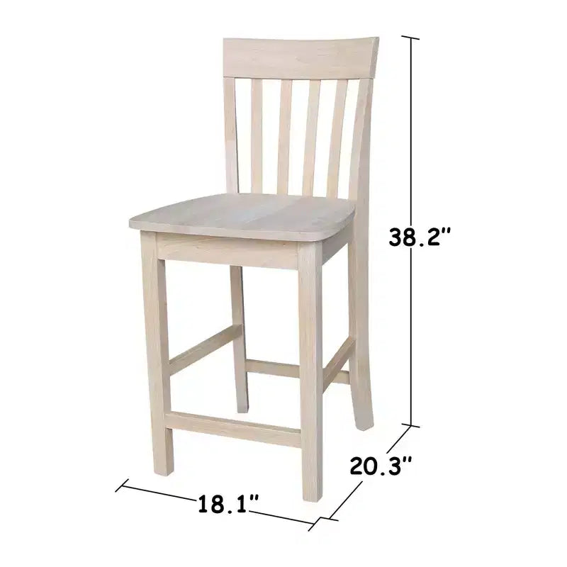 Tabouret de bar à hauteur de comptoir 24" avec dossier à lattes – Parawood massif non fini, assise carrée, capacité de 102 kg