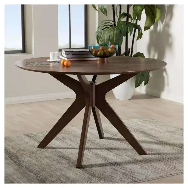 Table à manger ronde 47" de style Mid-Century Modern – Placage noyer, pieds inclinés, 4 places