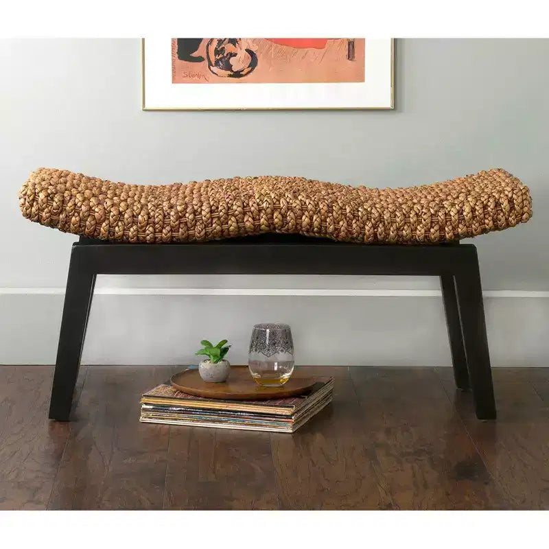 Banc d'entrée en rotin avec cadre en teck massif – Marron, 99 cm L, capacité de 113 kg