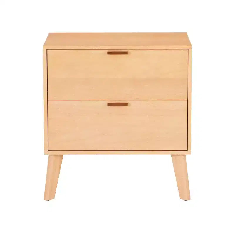 Table de chevet à 2 tiroirs – Fini bois naturel, MDF et bois d'hévéa, 25,25 po L × 26,5 po H