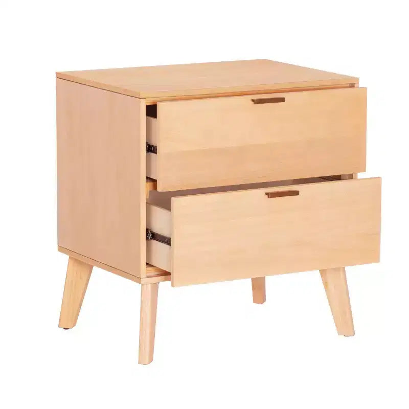 Table de chevet à 2 tiroirs – Fini bois naturel, MDF et bois d'hévéa, 25,25 po L × 26,5 po H