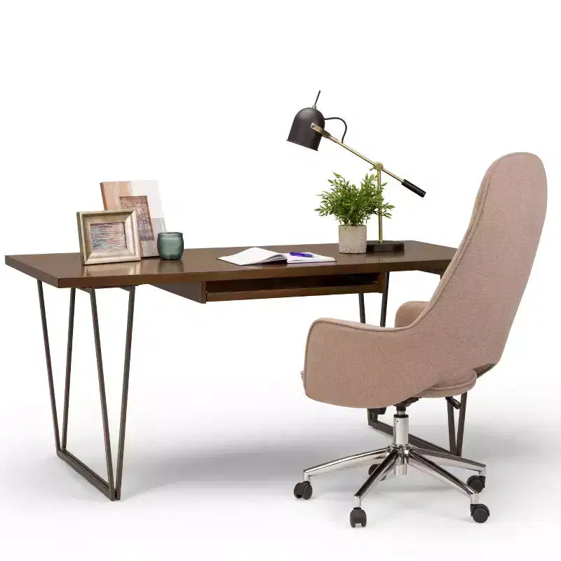 Bureau en bois massif de 168 cm avec plateau coulissant pour clavier et piètement en métal – Marron vieilli naturel, style industriel