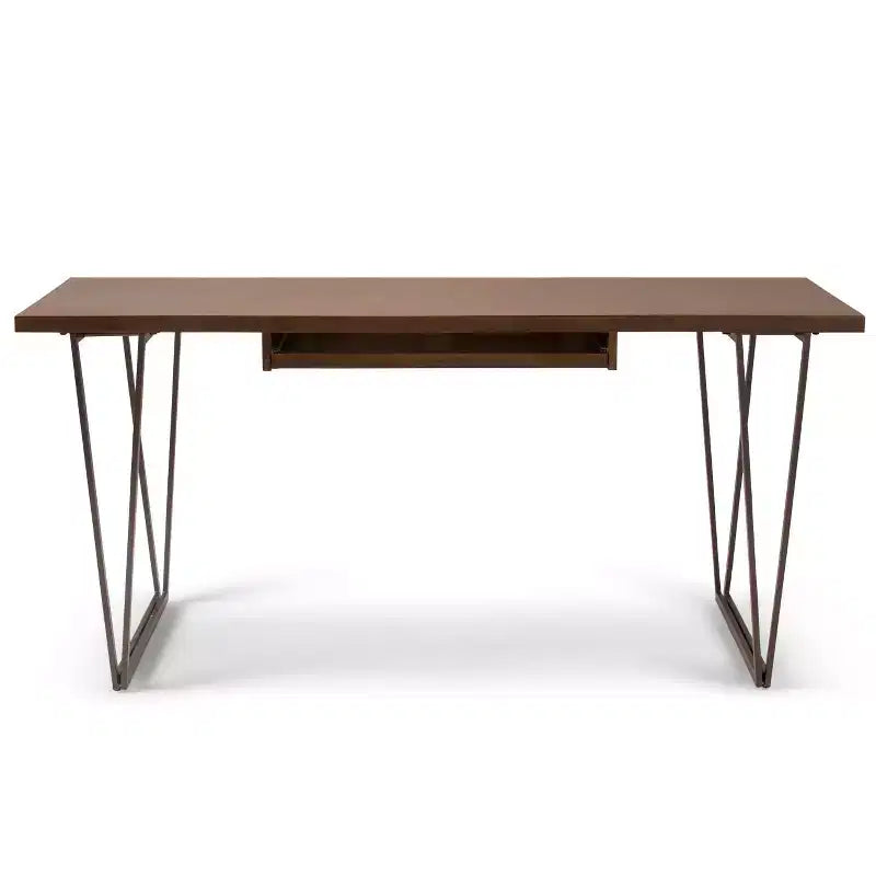 Bureau en bois massif de 168 cm avec plateau coulissant pour clavier et piètement en métal – Marron vieilli naturel, style industriel
