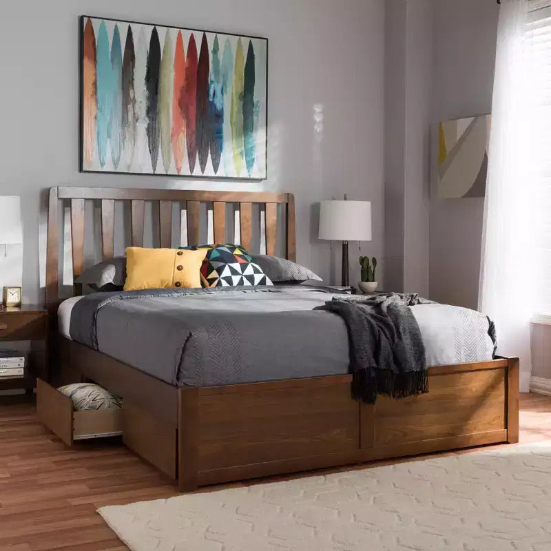 Lit plateforme de rangement Queen en noyer – 6 tiroirs sous le lit, tête de lit à lattes, sans sommier tapissier
