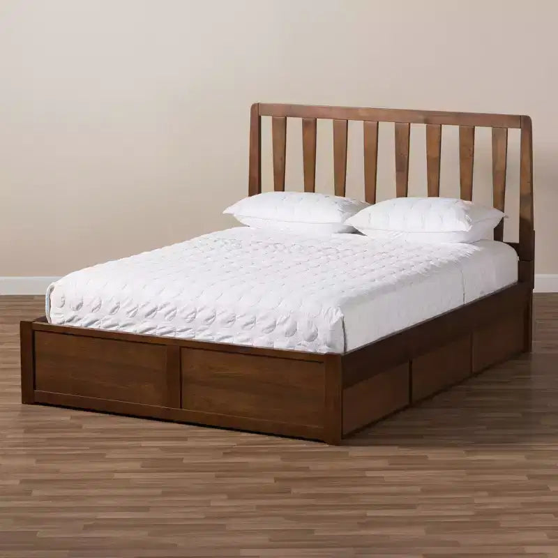 Lit plateforme de rangement Queen en noyer – 6 tiroirs sous le lit, tête de lit à lattes, sans sommier tapissier