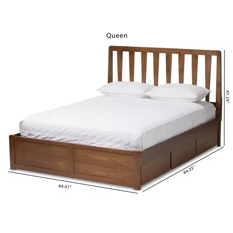Lit plateforme de rangement Queen en noyer – 6 tiroirs sous le lit, tête de lit à lattes, sans sommier tapissier
