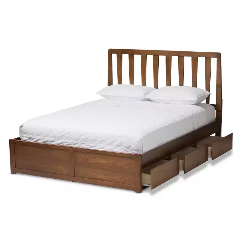 Lit plateforme de rangement Queen en noyer – 6 tiroirs sous le lit, tête de lit à lattes, sans sommier tapissier