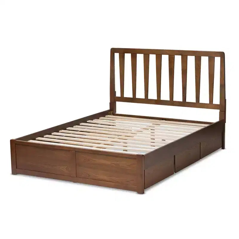 Lit plateforme de rangement Queen en noyer – 6 tiroirs sous le lit, tête de lit à lattes, sans sommier tapissier