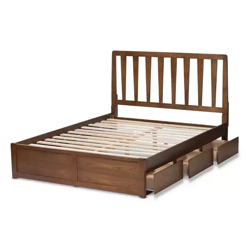 Lit plateforme de rangement Queen en noyer – 6 tiroirs sous le lit, tête de lit à lattes, sans sommier tapissier