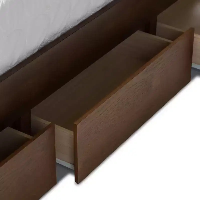 Lit plateforme de rangement Queen en noyer – 6 tiroirs sous le lit, tête de lit à lattes, sans sommier tapissier