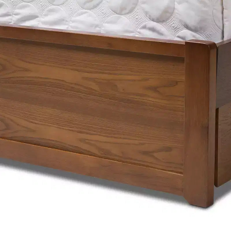 Lit plateforme de rangement Queen en noyer – 6 tiroirs sous le lit, tête de lit à lattes, sans sommier tapissier
