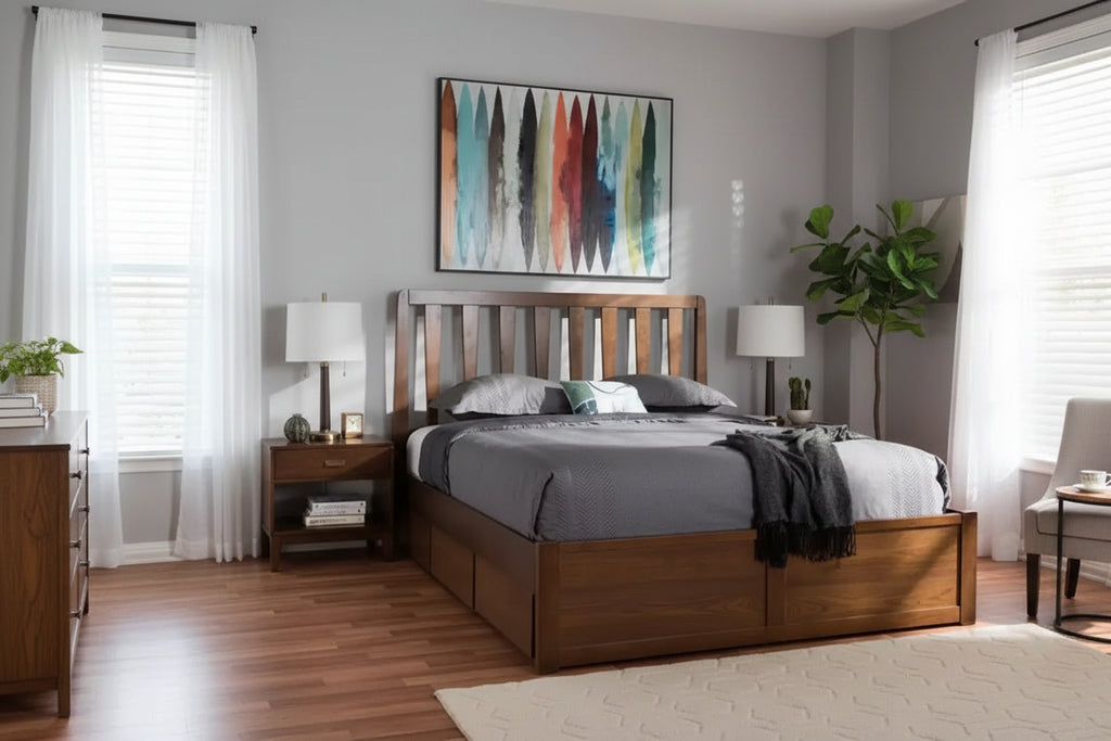 Lit plateforme de rangement Queen en noyer – 6 tiroirs sous le lit, tête de lit à lattes, sans sommier tapissier