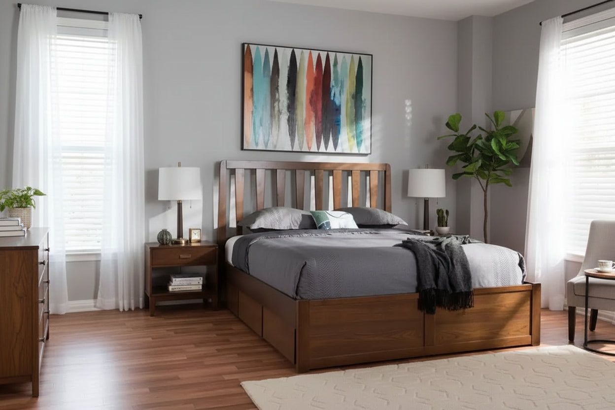 Lit plateforme de rangement Queen en noyer – 6 tiroirs sous le lit, tête de lit à lattes, sans sommier tapissier