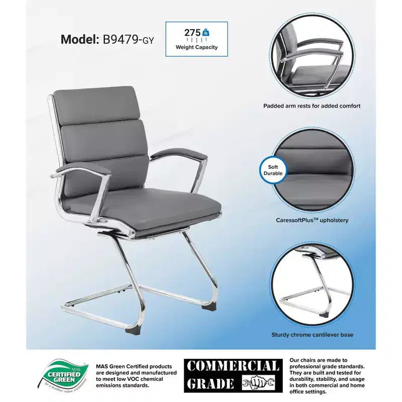 Fauteuil visiteur de direction contemporain – Similicuir gris, accoudoirs et piètement chromés, capacité de 125 kg