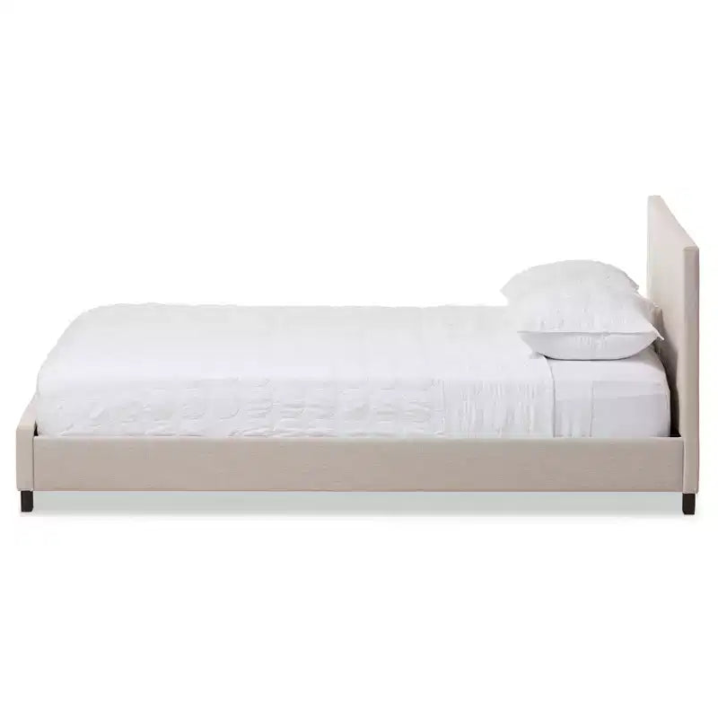 Lit plateforme grand format avec tête de lit capitonnée piquée – Polyester beige clair, sommier tapissier non requis