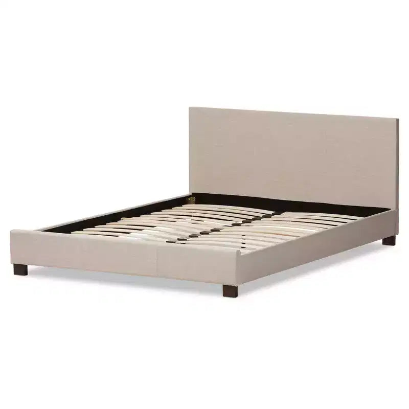 Lit plateforme grand format avec tête de lit capitonnée piquée – Polyester beige clair, sommier tapissier non requis