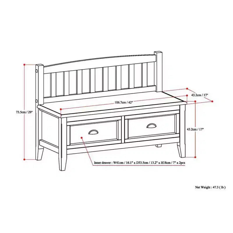 Banc de rangement d'entrée de 42 po avec 2 tiroirs – Pin massif, poignées en bronze antique, 2 places