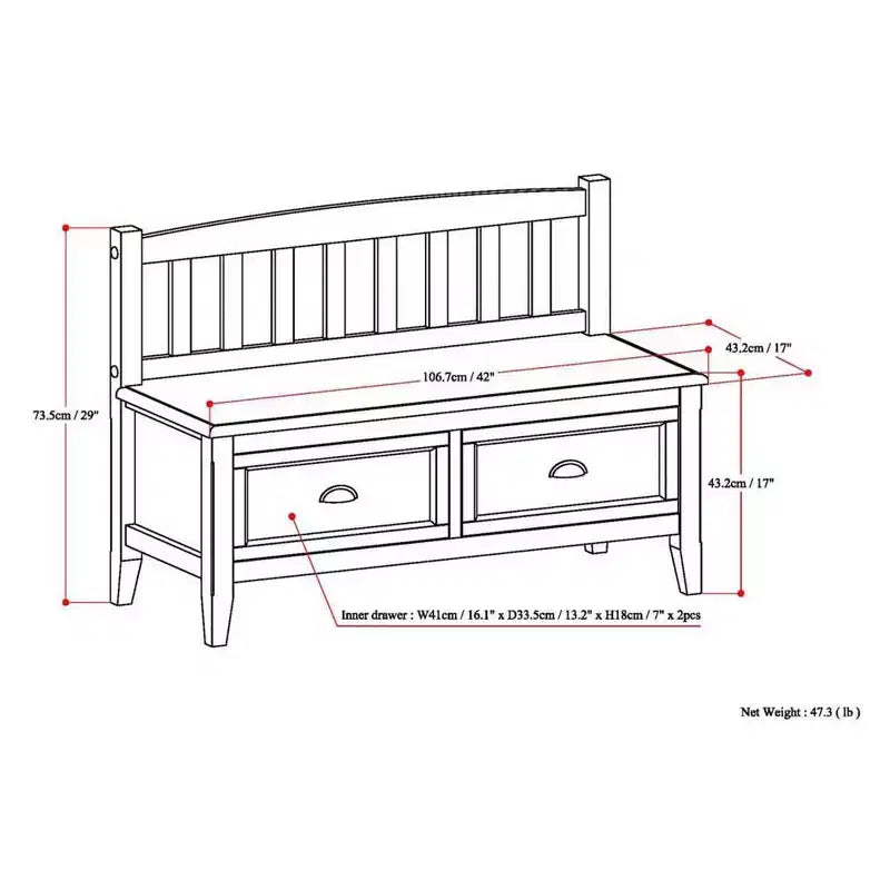 Banc de rangement d'entrée de 42 po avec 2 tiroirs – Pin massif, poignées en bronze antique, 2 places