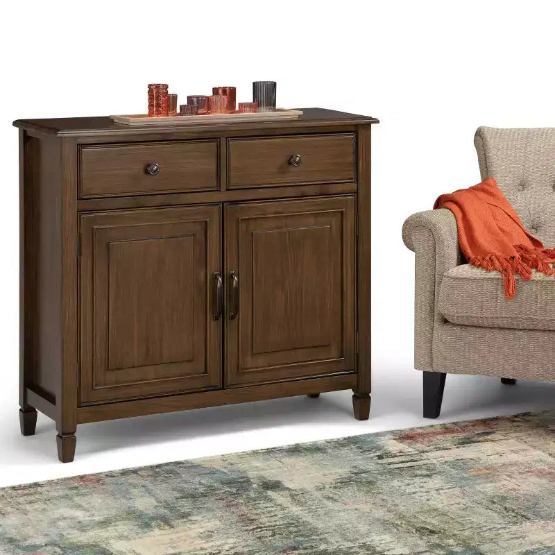 Meuble de rangement pour entrée 100 cm – Pin massif, 2 tiroirs et 2 portes, marron rustique vieilli naturel